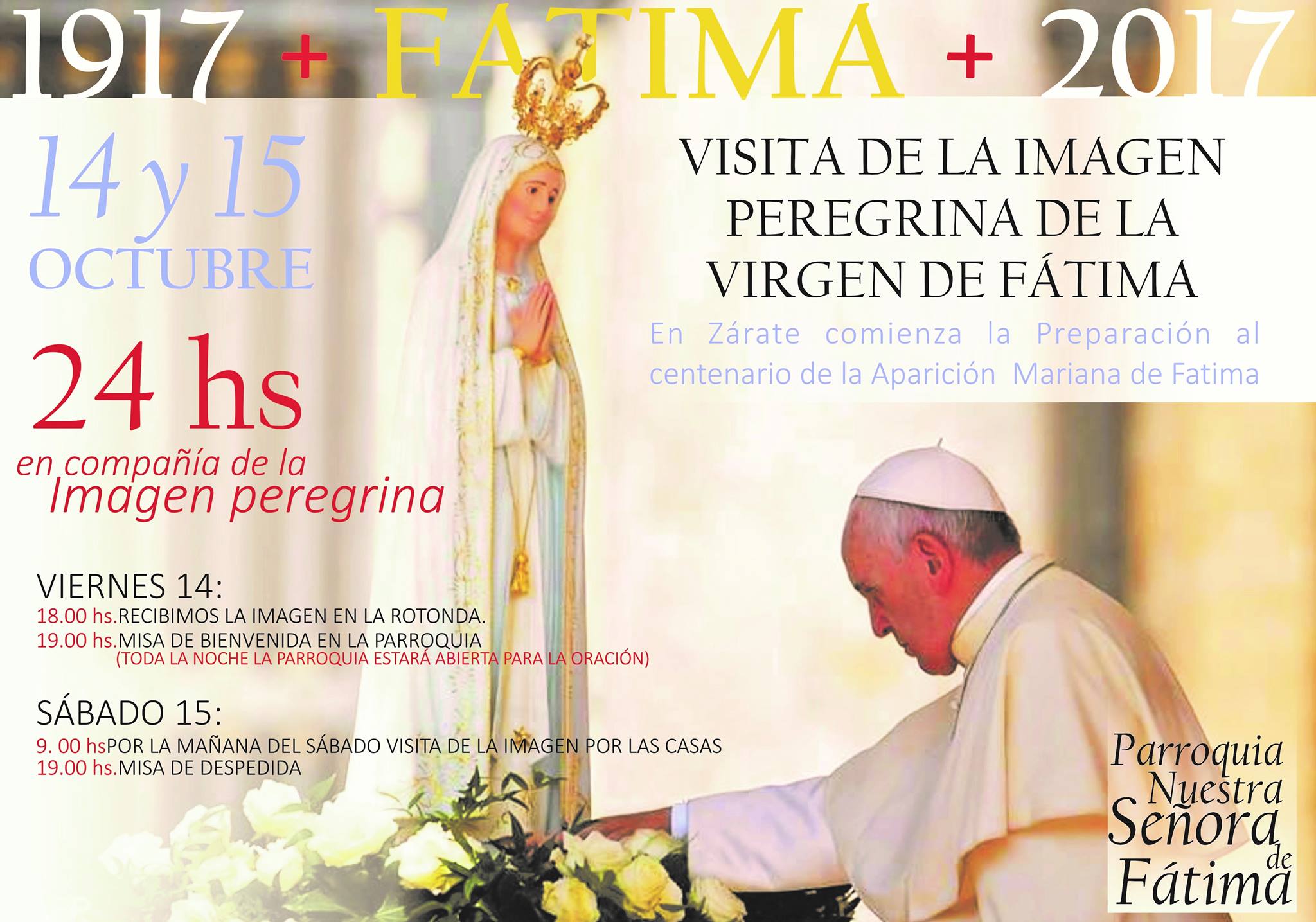 Visita Virgen Peregrina de Fátima: 14 y 15 de octubre en Zárate
