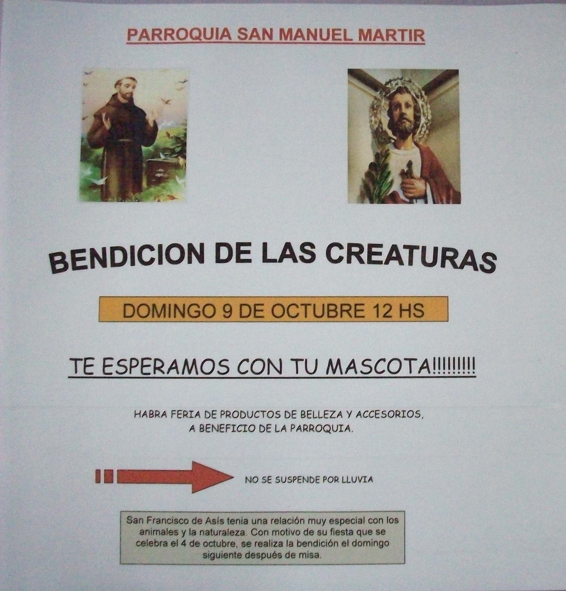 Domingo 9 de octubre a las 12 hs : Bendición de las creaturas en Pilar