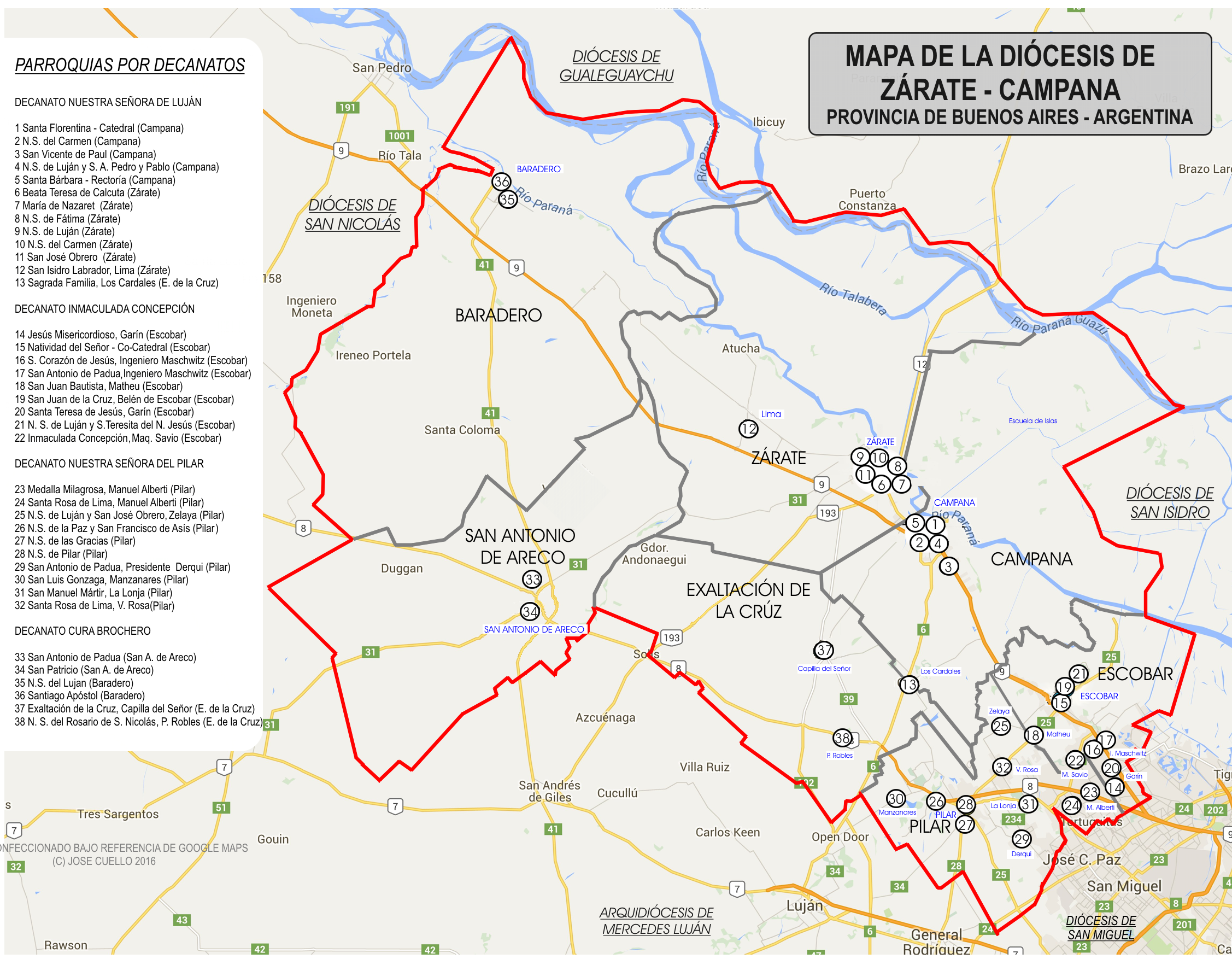 Diócesis de Zárate – Campana: Mapa actualizado con Parroquias