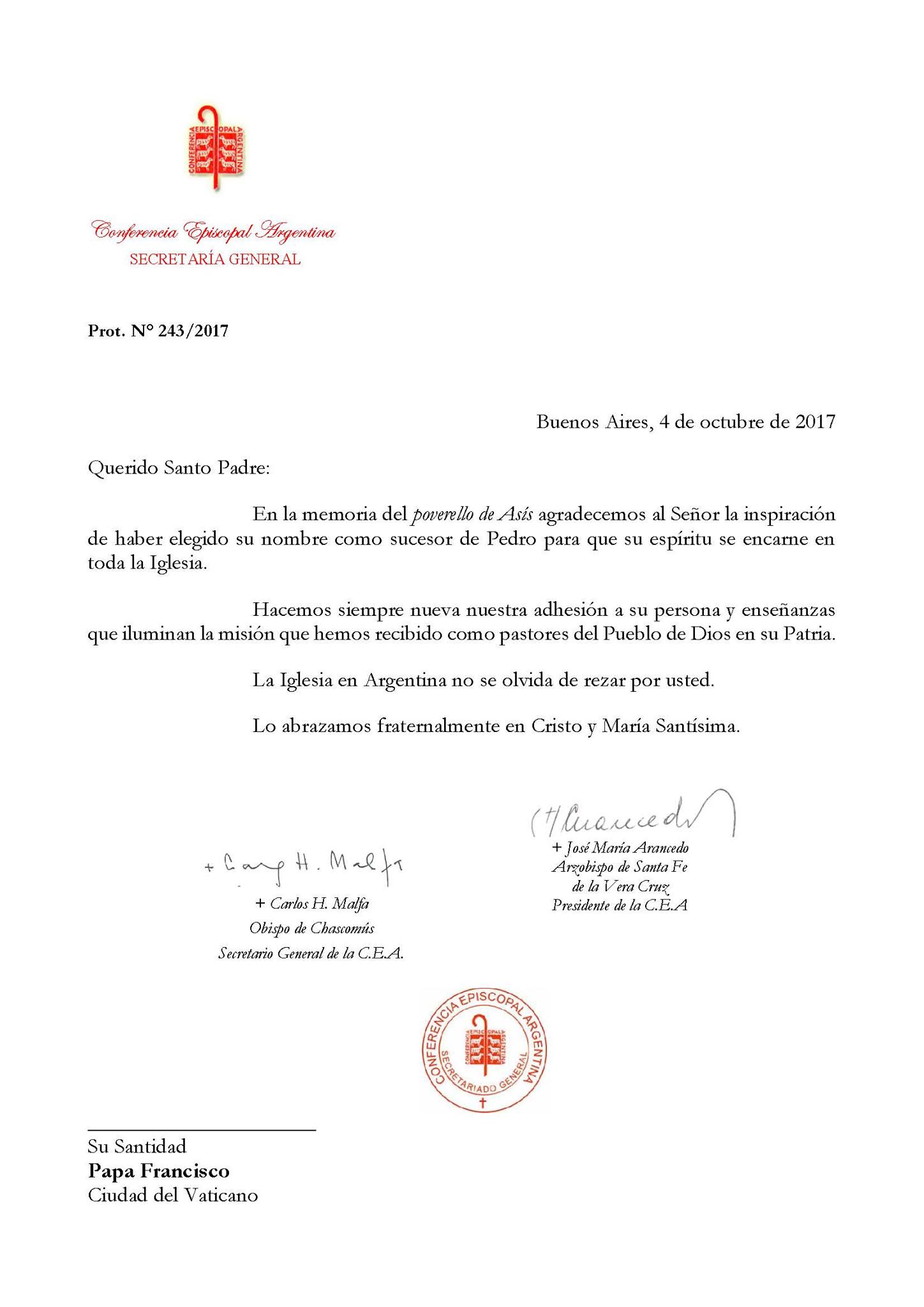 Carta de la CEA al Papa Francisco con motivo de celebrarse la memoria de San Francisco de Asís