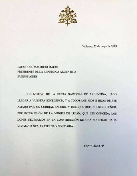 25 de mayo: Carta del Papa Francisco al Presidente de la Nación Argentina