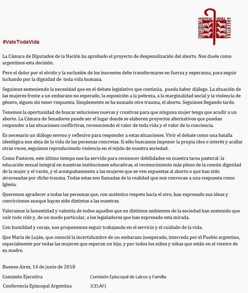 VALE TODA VIDA comunicado por proyecto despenalización del aborto en Cámara de Diputados