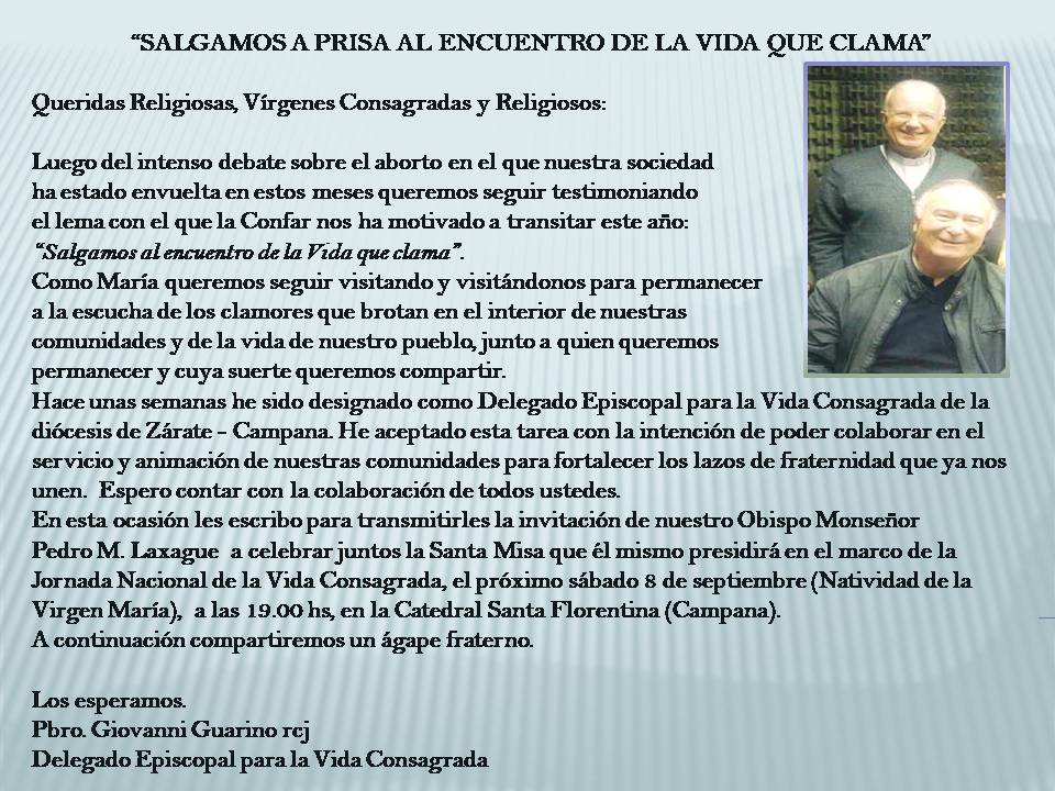 8 septiembre misa diocesana para Consagradas y Religiosos – 19 hs Catedral Santa Florentina